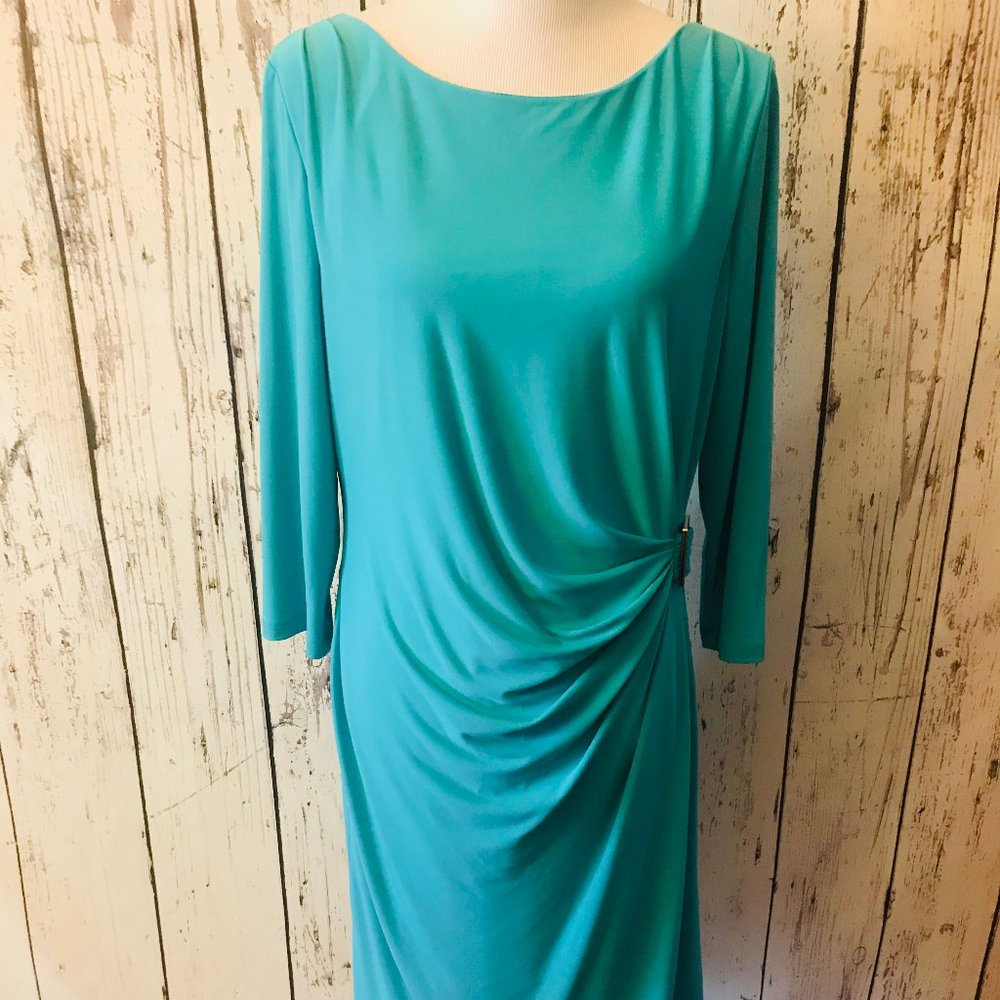 TAHARI BY ASL TEAL JERSEY SHEATH DRESS - 14